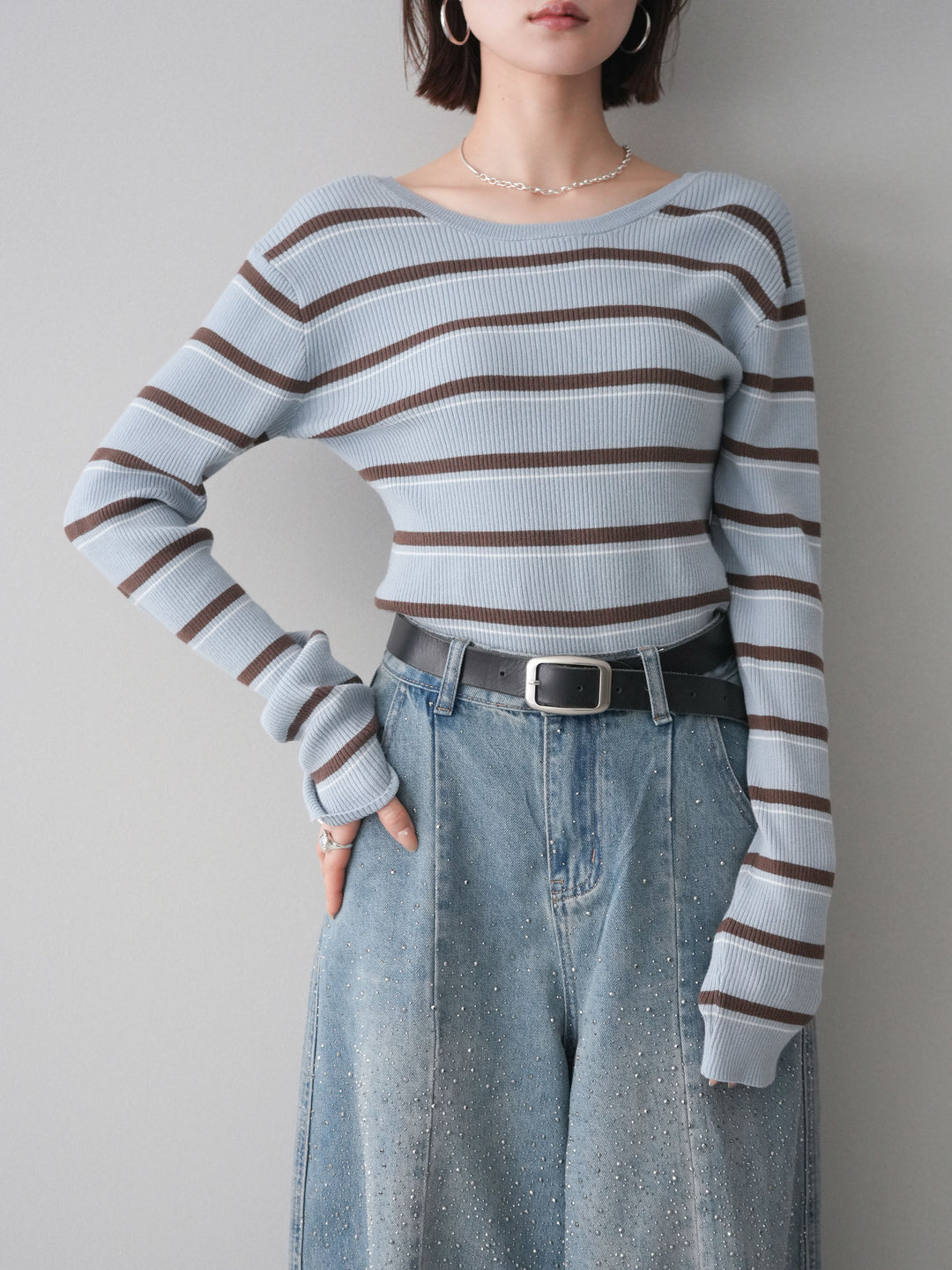 [予約]バックオープンテレコリブマルチボーダートップス/blue