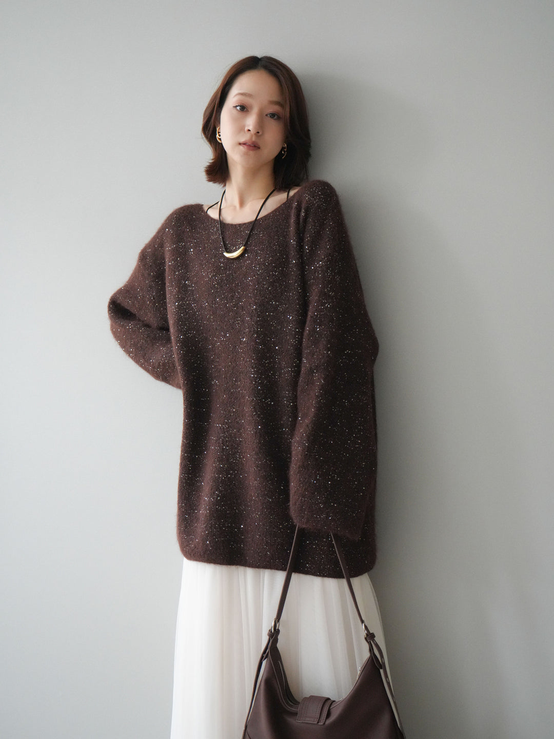 [予約]スパンコールミニシャギーニットチュニック/brown