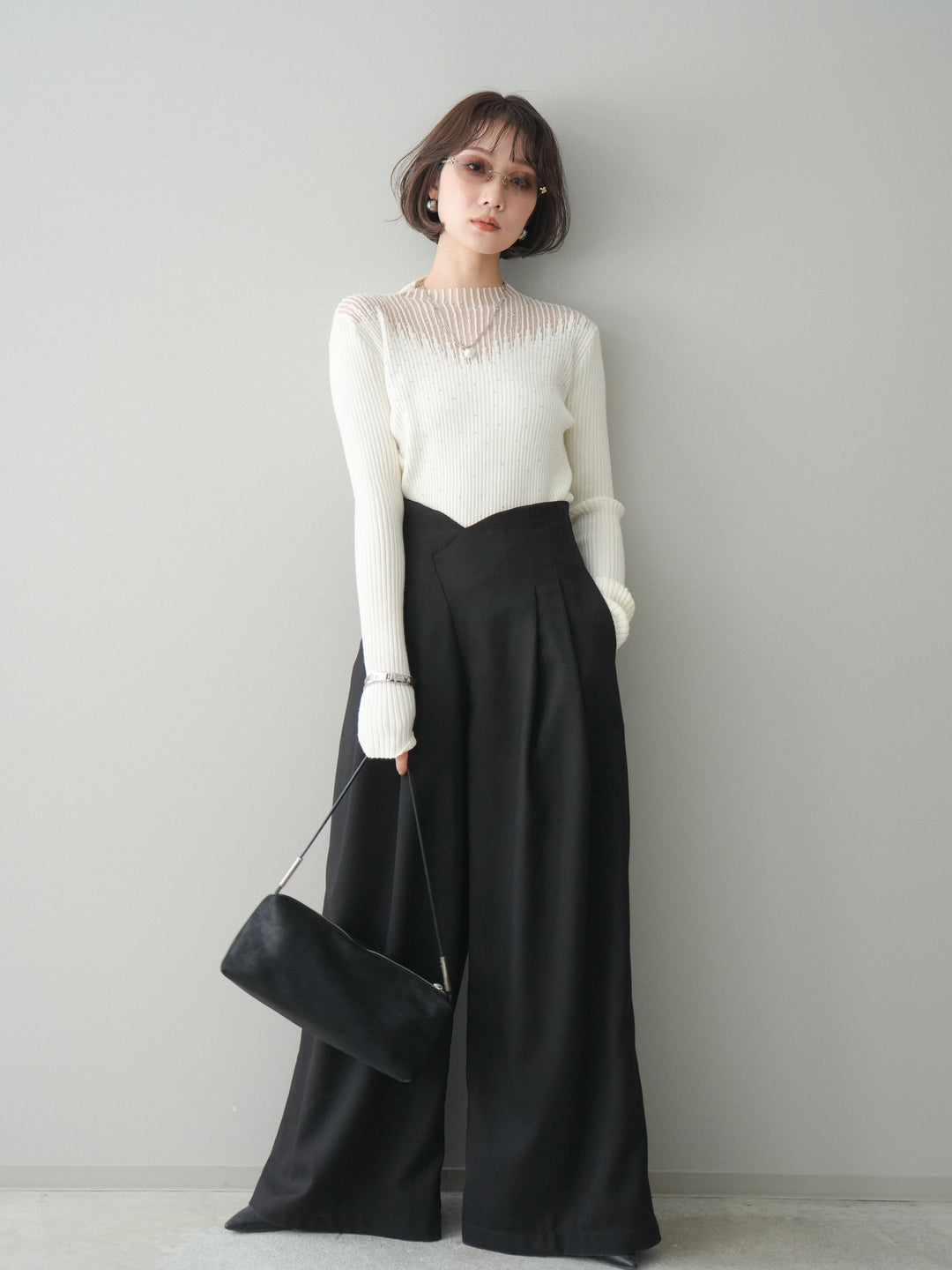 [SET]シアー切替スパンコールリブニットトップス+デザインハイウエストワイドパンツ(2set)