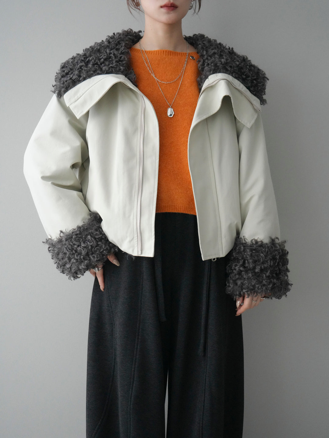 [SET]プードルファーダウンジャケット+アンゴラタッチボートネッククロップドプルオーバー(2set)