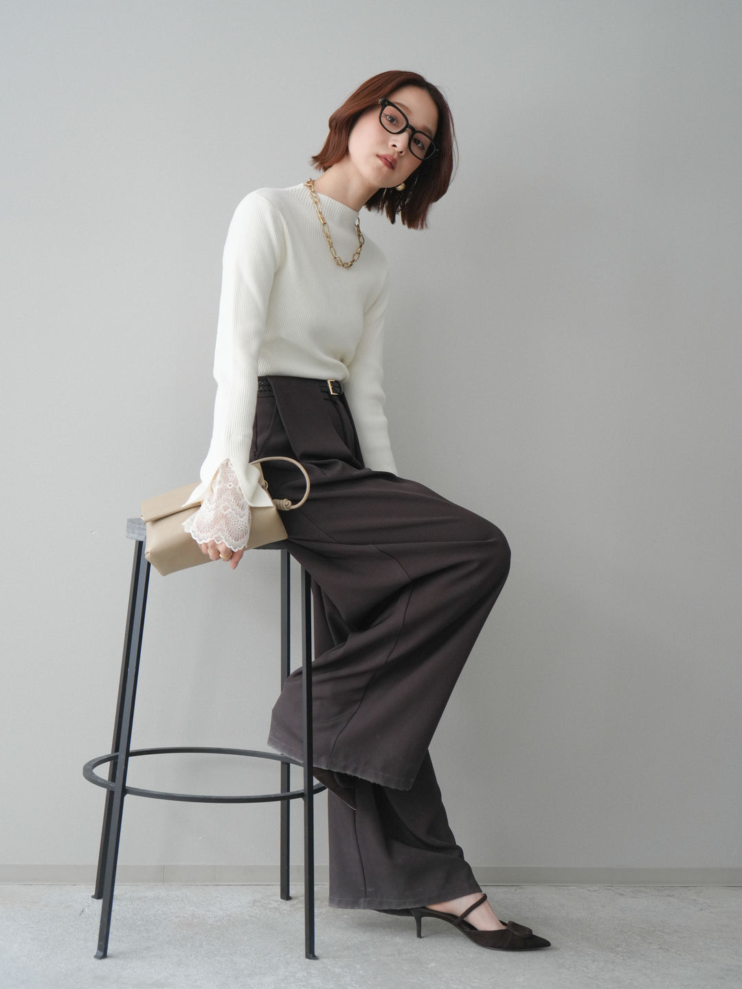 [SET]袖スカラップレースオフネックニットトップス+袖スカラップレースオフネックニットトップス(2set)