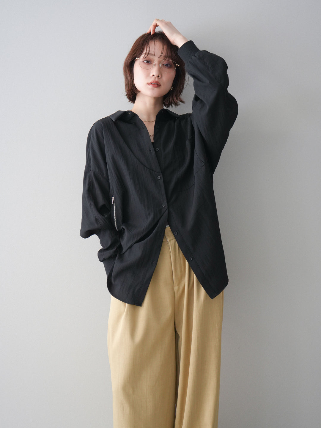 [予約]リブカフスアシンメトリーZIPデザインオーバーシャツ/black