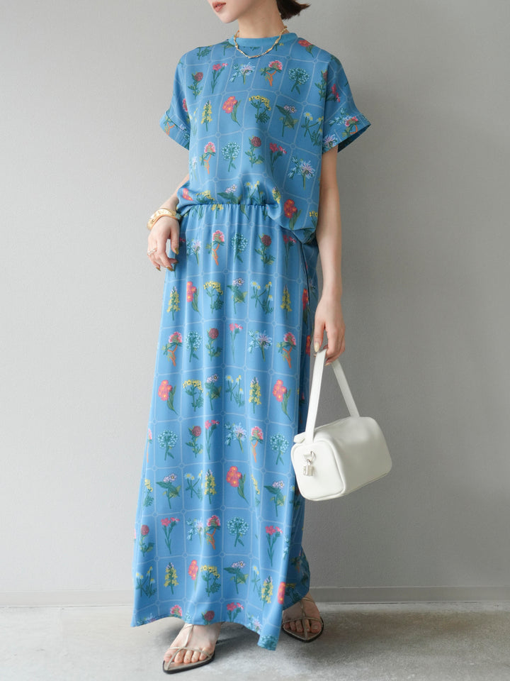 [予約]パッチワークフラワープリントフレアスカート/ブルー