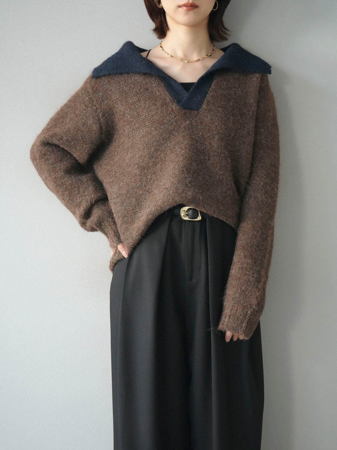 [SET]バイカラー襟付きニットプルオーバー+ベルトループデザインワイドパンツ(2set)