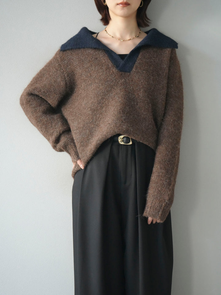[SET]バイカラー襟付きニットプルオーバー+ベルトループデザインワイドパンツ(2set)