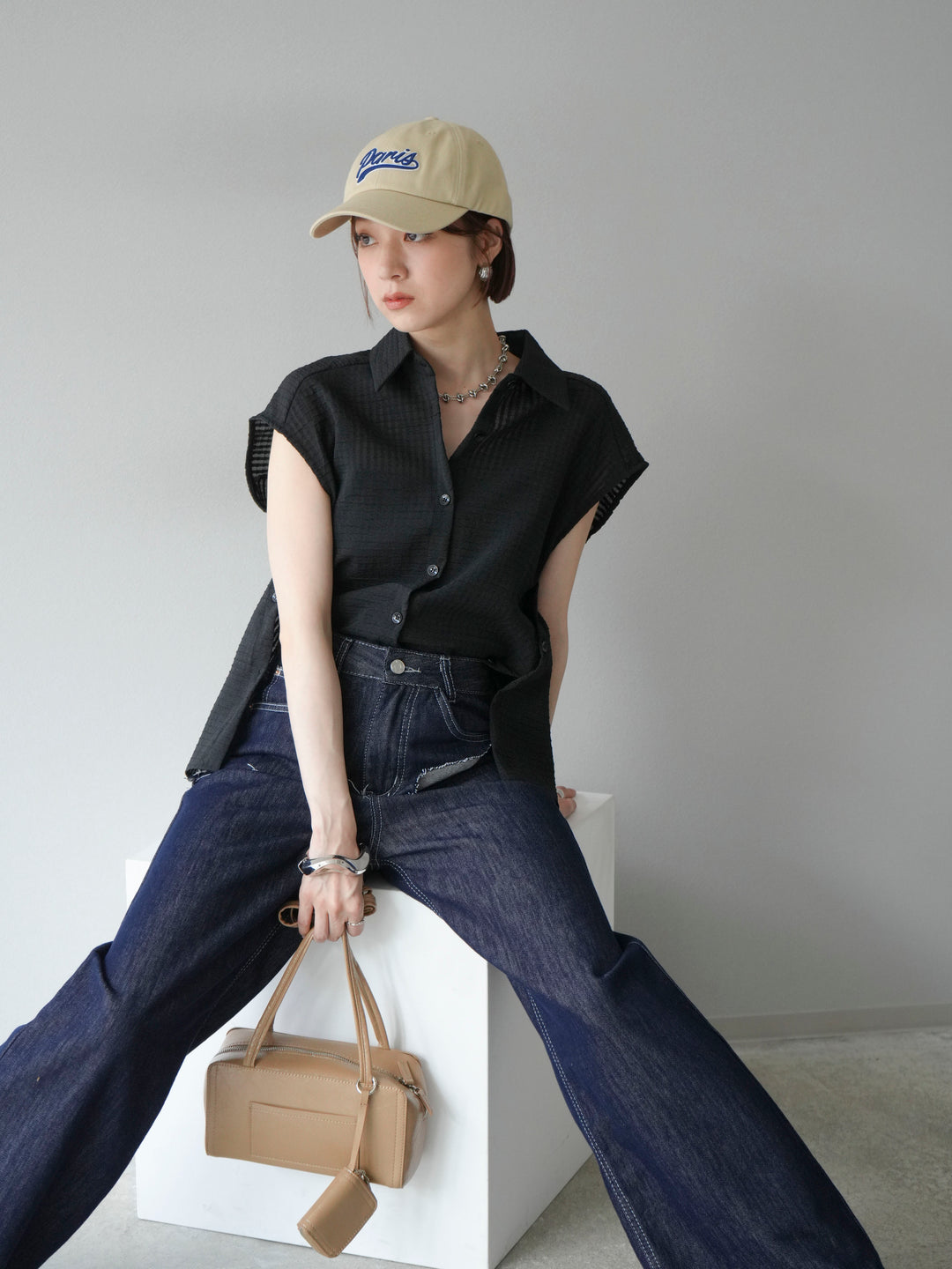 [予約]シアーチェックノースリーブシャツ/ブラック