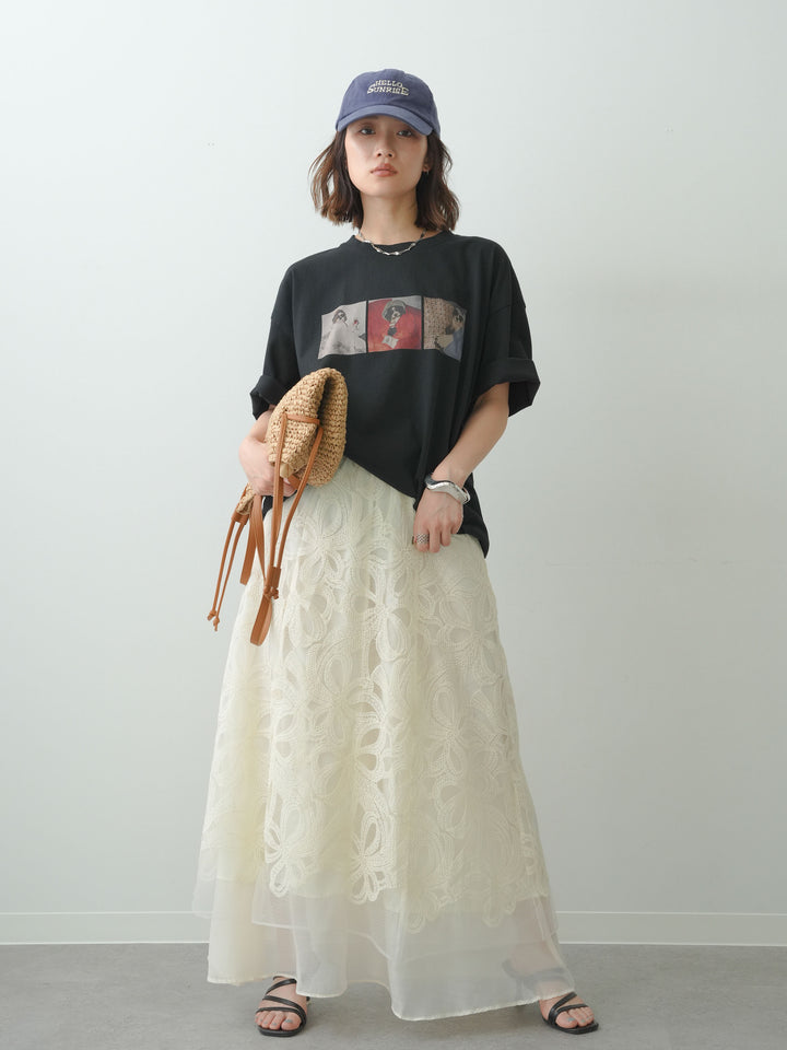 [SET]スリードッグフォトボックスTEE+フラワーレースレイヤードスカート(2set)