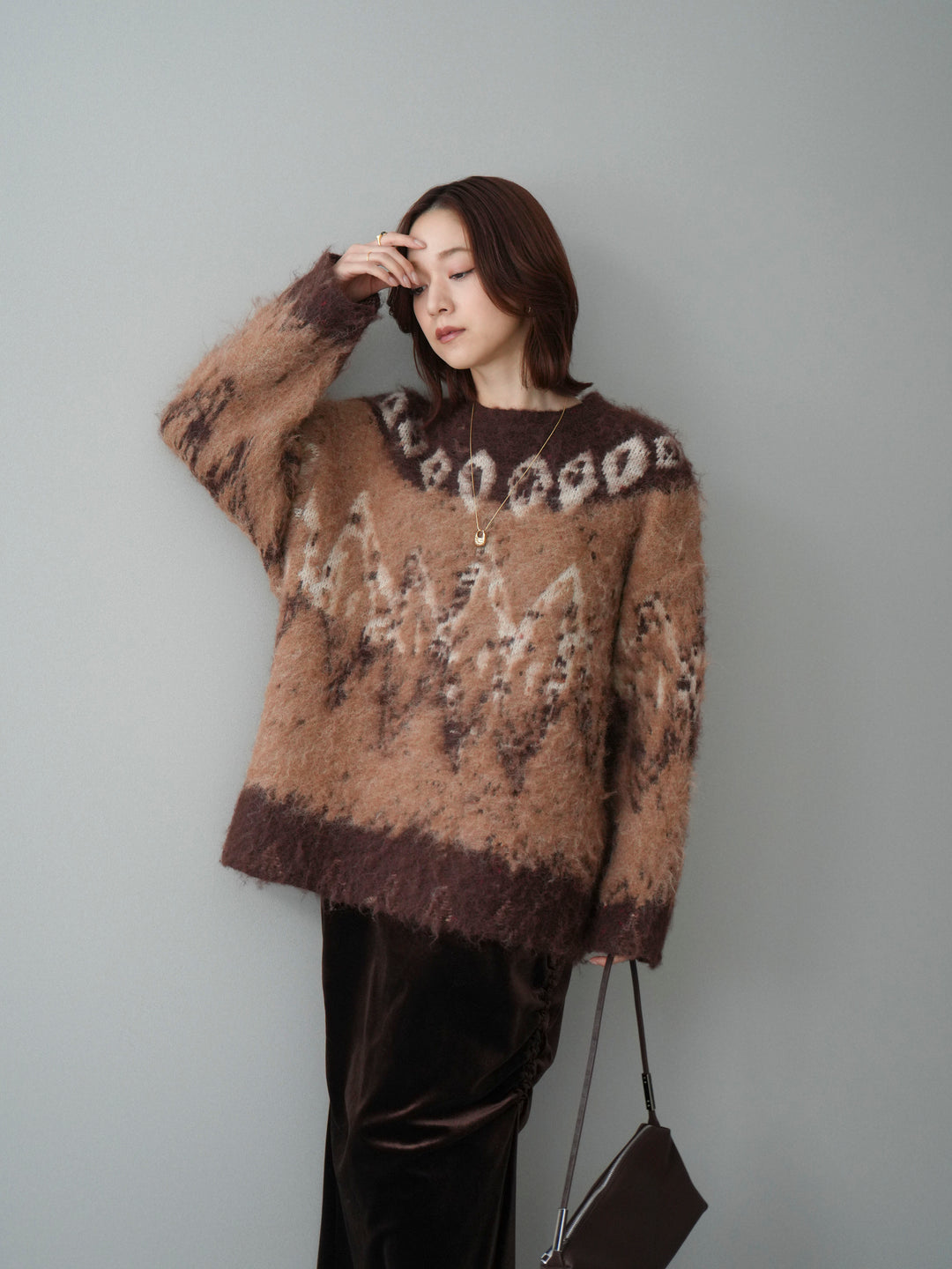 [SET]シャギーニュアンス柄ニットプルオーバー+ギャザーベロアスカート(2set)