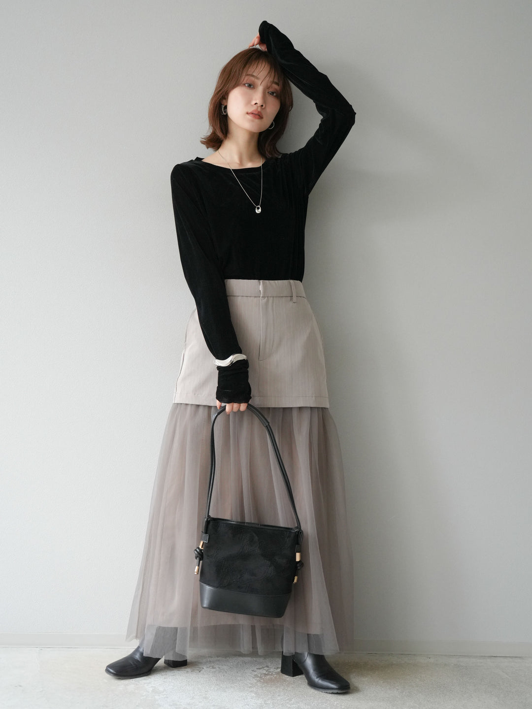 [予約]ストライプ切替チュールスカート/ベージュ