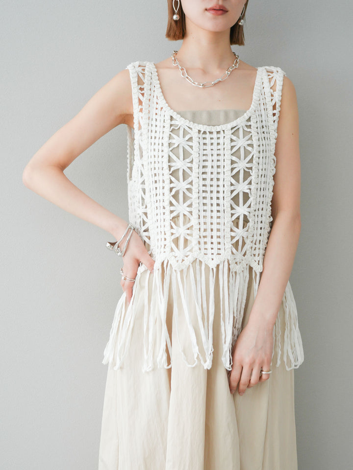[予約]クロシェフリンジノースリーブトップス/アイボリー