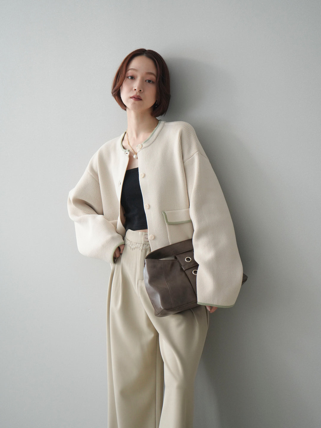 [SET]ポリエステル配色ニットカーディガン+ウエストレースタックワイドパンツ(2set)