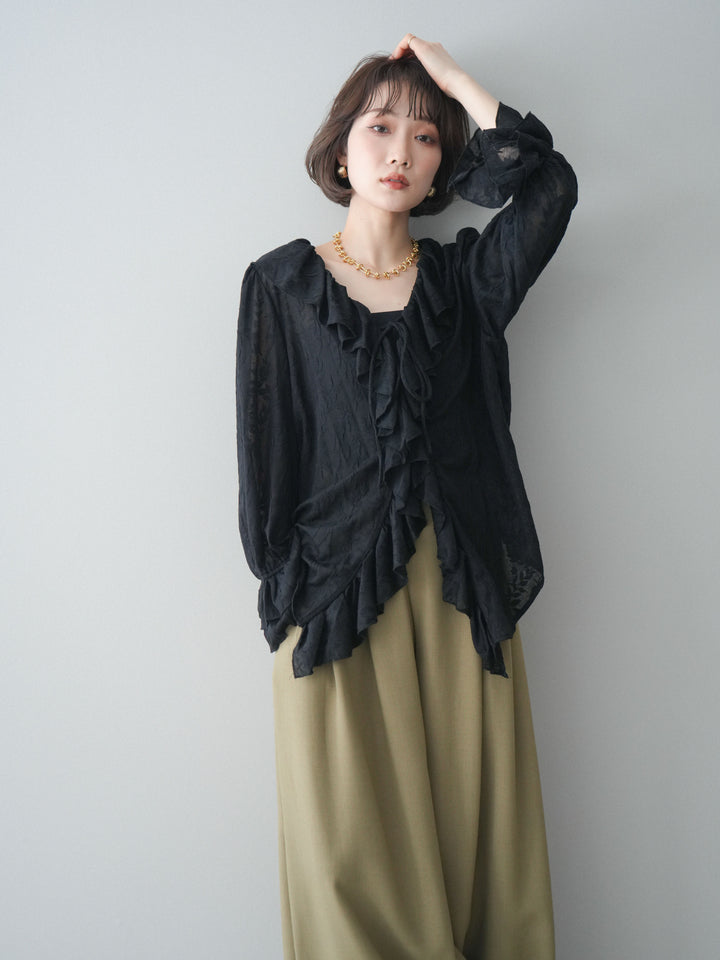 [予約]ラッフルレーススリットブラウス/black