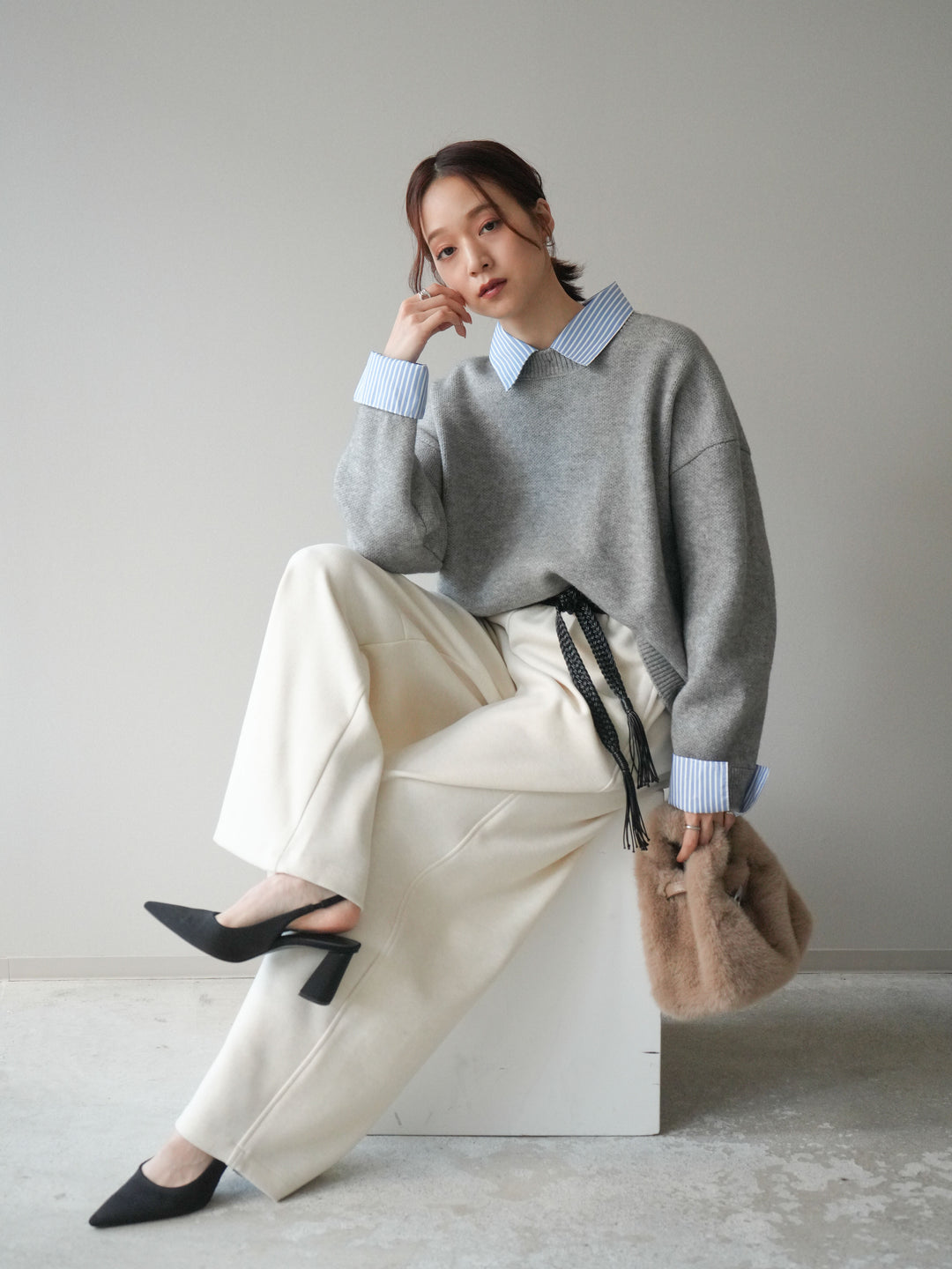 [SET]2WAYストライプ襟ニットプルオーバー+編み込みベルト付きウエスト配色スエットパンツ(2set)