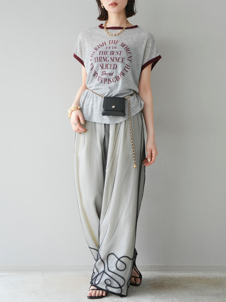 [SET] 繩繡薄紗疊穿褲+麻質寬鬆寬褲（2件組）