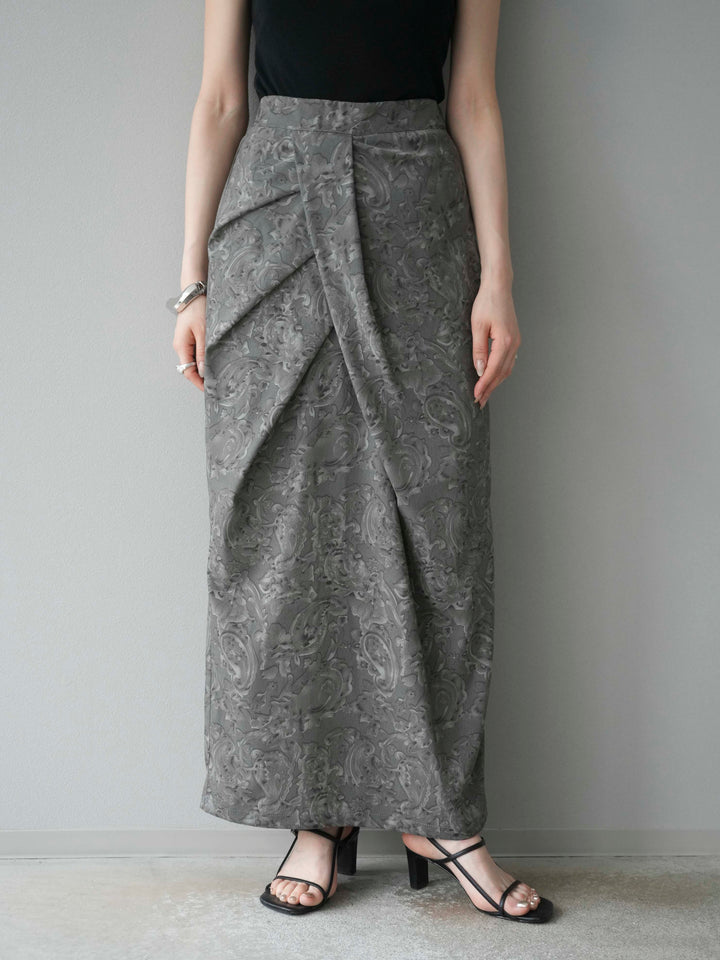 [予約]ペイズリープリントタックIラインスカート/グレー