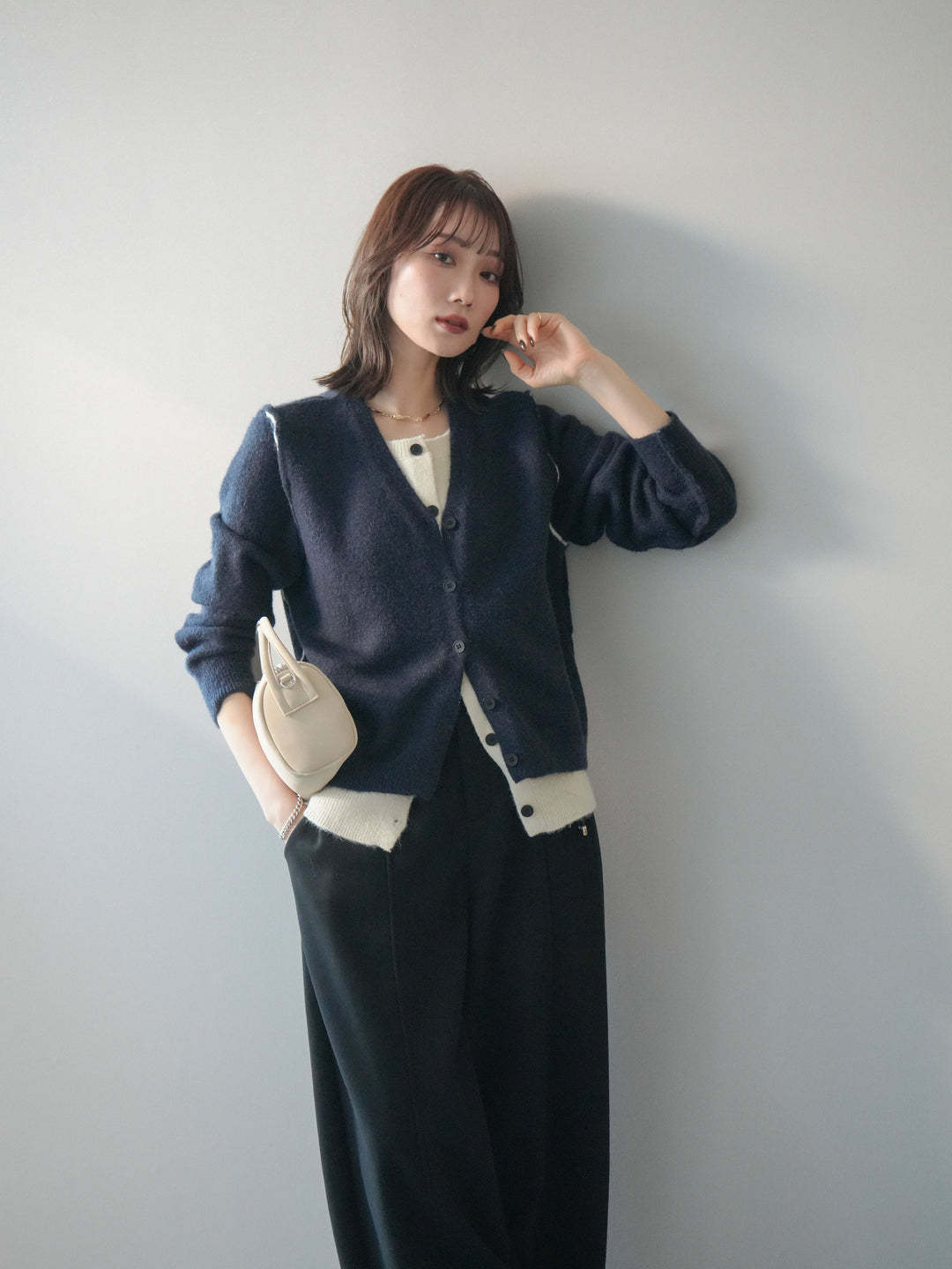 [予約]配色レイヤードニットカーディガン/navy