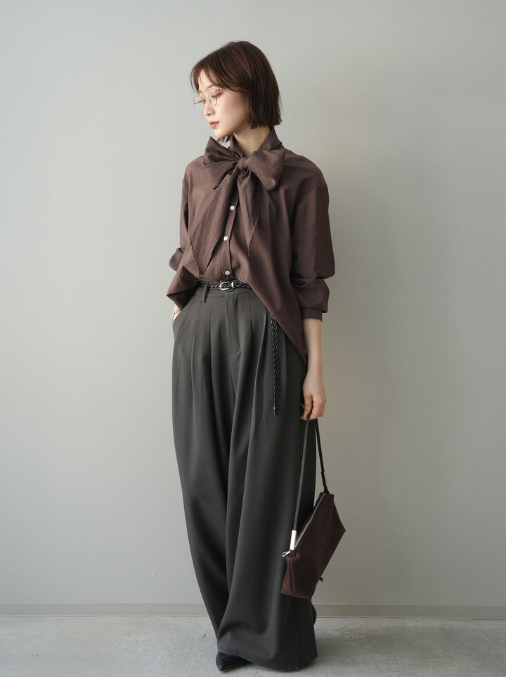 [予約]編み込みベルト付タックワイドパンツ/gray