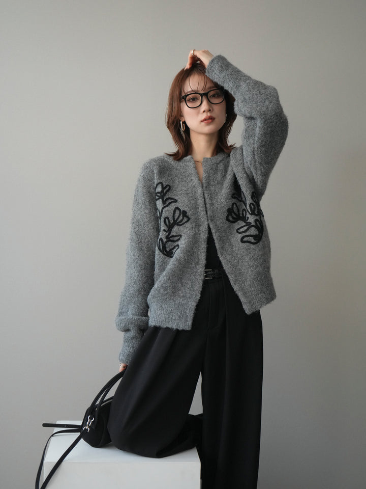 [SET]テープ刺繍ホック開きブークレニットカーディガン+ベルトループデザインワイドパンツ(2set)