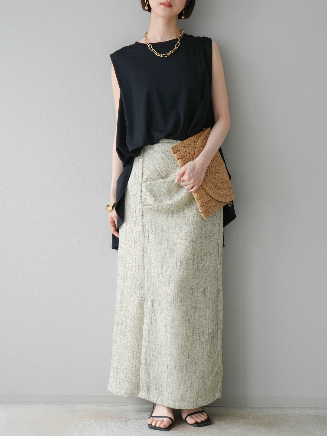 [予約]サマーツイードタックサイドスリットスカート/ベージュ