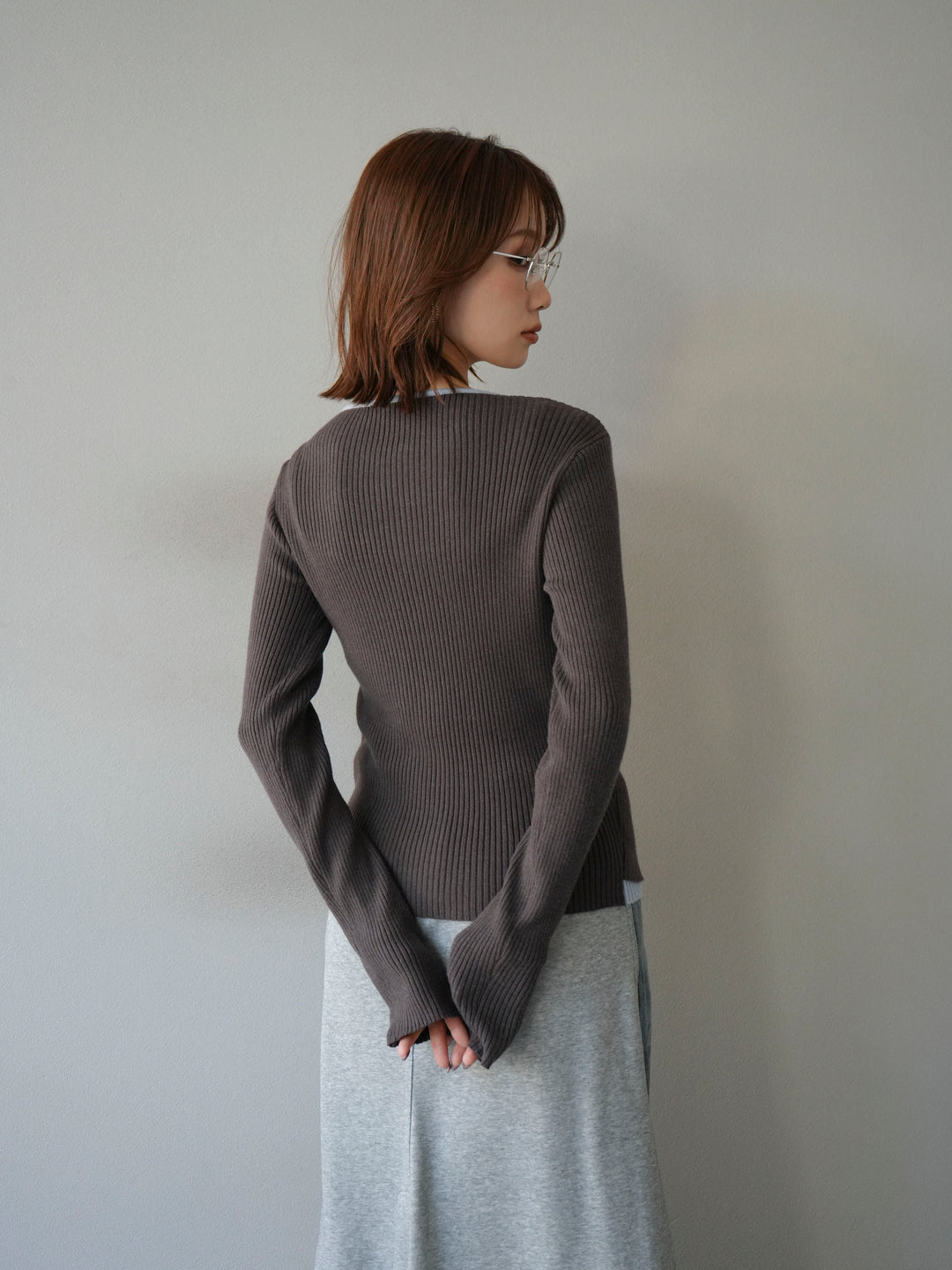 [予約]レイヤード配色ニットカーディガン/グレー