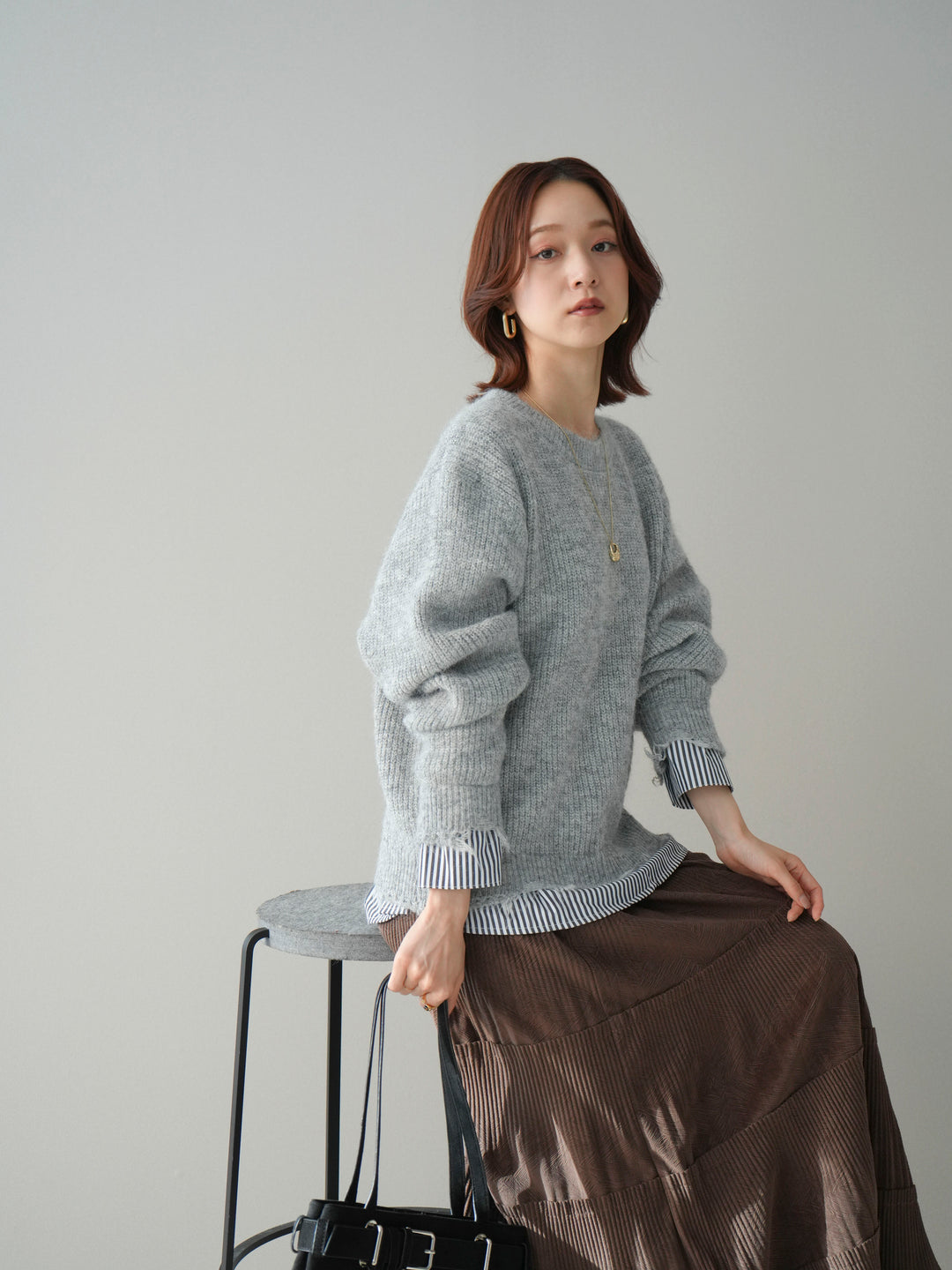 [予約]裾シャツレイヤードダメージニットプルオーバー/lightgrey