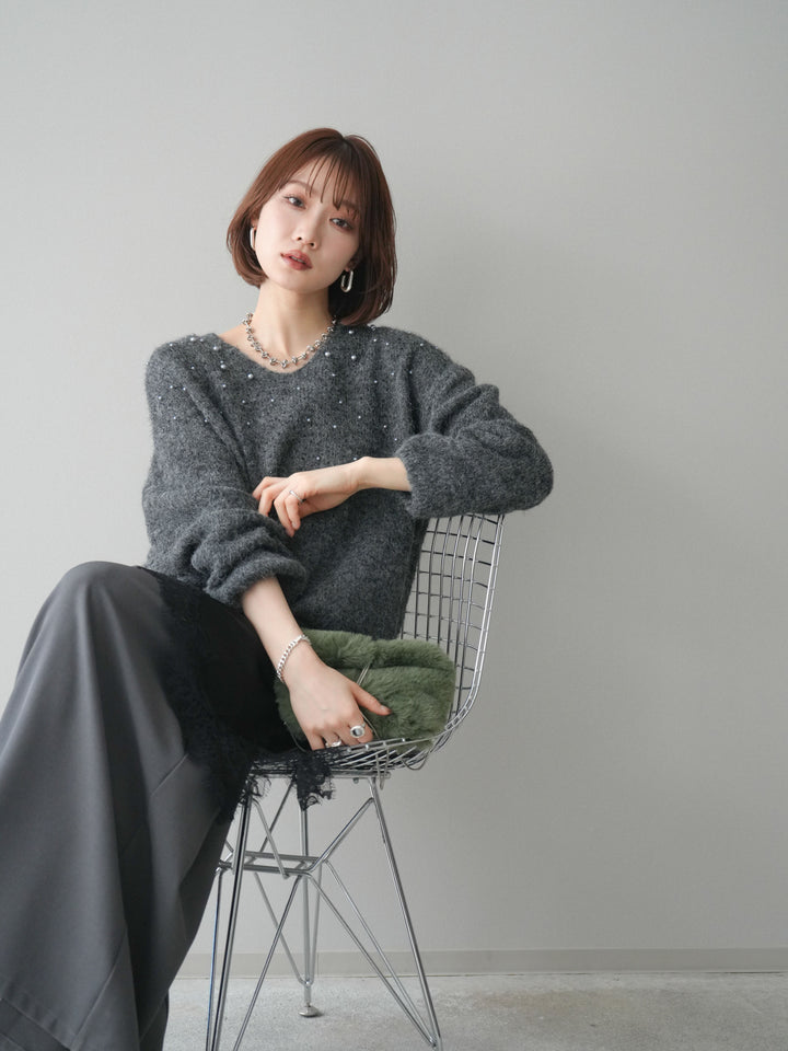 [SET]パール×ビジューVネックニットプルオーバー+アシンメトリーサテンレースキャミソール+テープベルトタックバギーパンツ(3set)