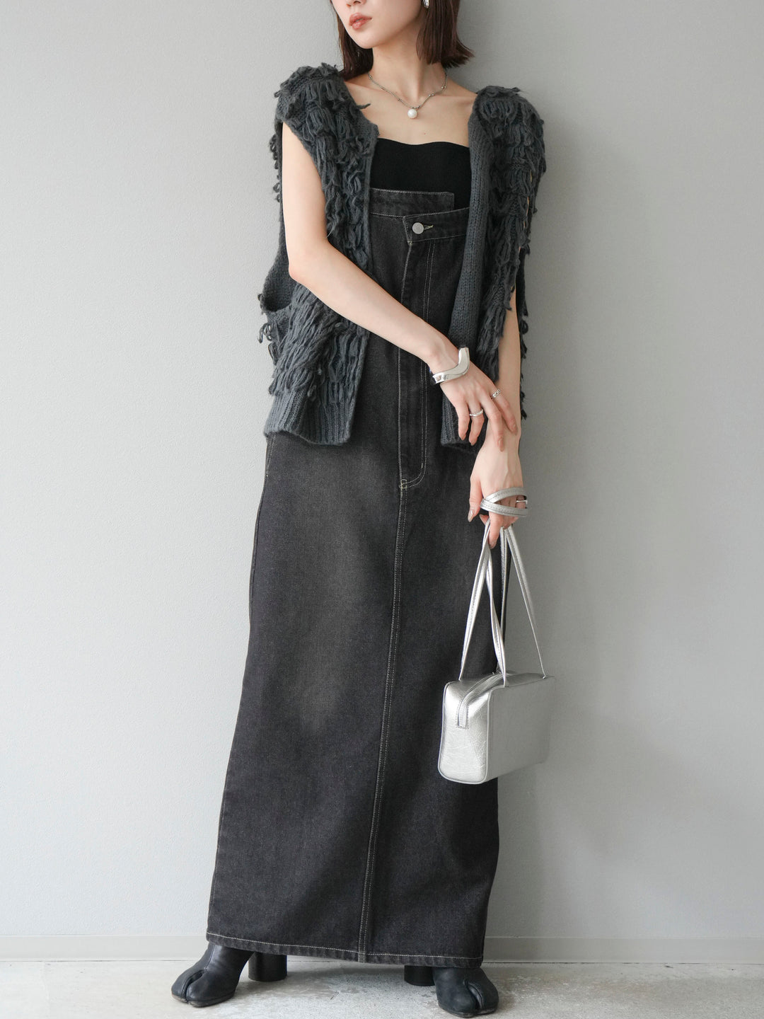 [SET]ループデザインベスト+アシンメトリーデニムワンピース(2set)