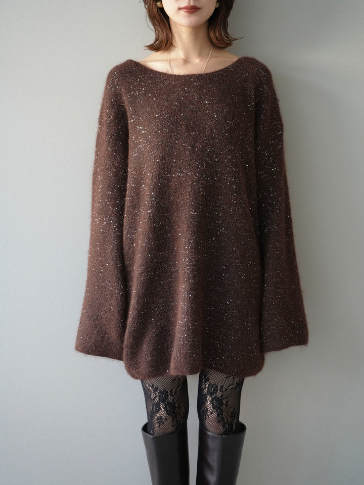 [予約]スパンコールミニシャギーニットチュニック/brown