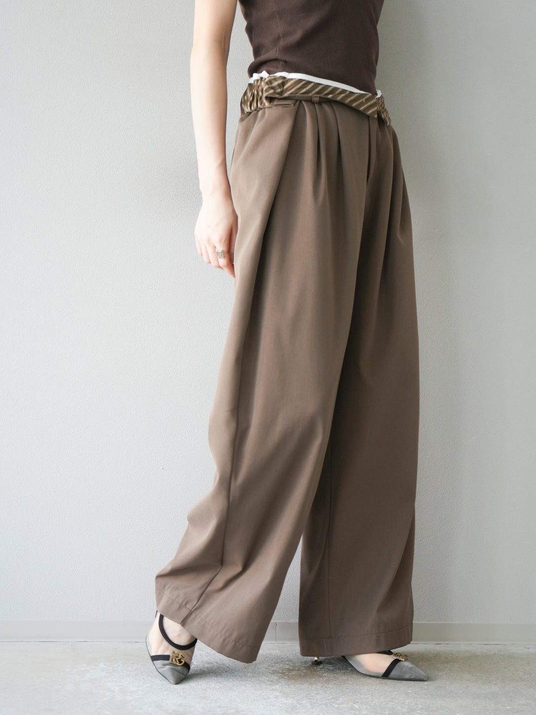 [予約]タックデザインワイドパンツ/ブラウン