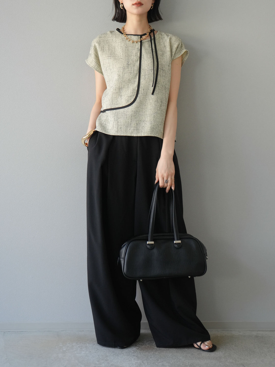 [SET]サマーツイードケープデザインプルオーバー+クレープシフォンタックワイドパンツ(2set)