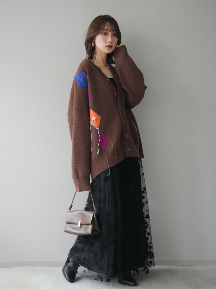 [SET]ハンドステッチアーガイルデザインニットカーディガン+フラワーフロッキーチュールプリーツスカート(2set)