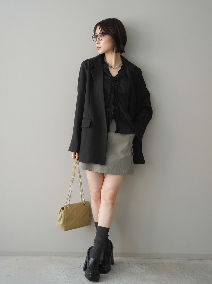 [SET]バックスリットデザインジャケット+ノースリサテンレースキャミソール+ベルト付カーゴミニスカート(3set)