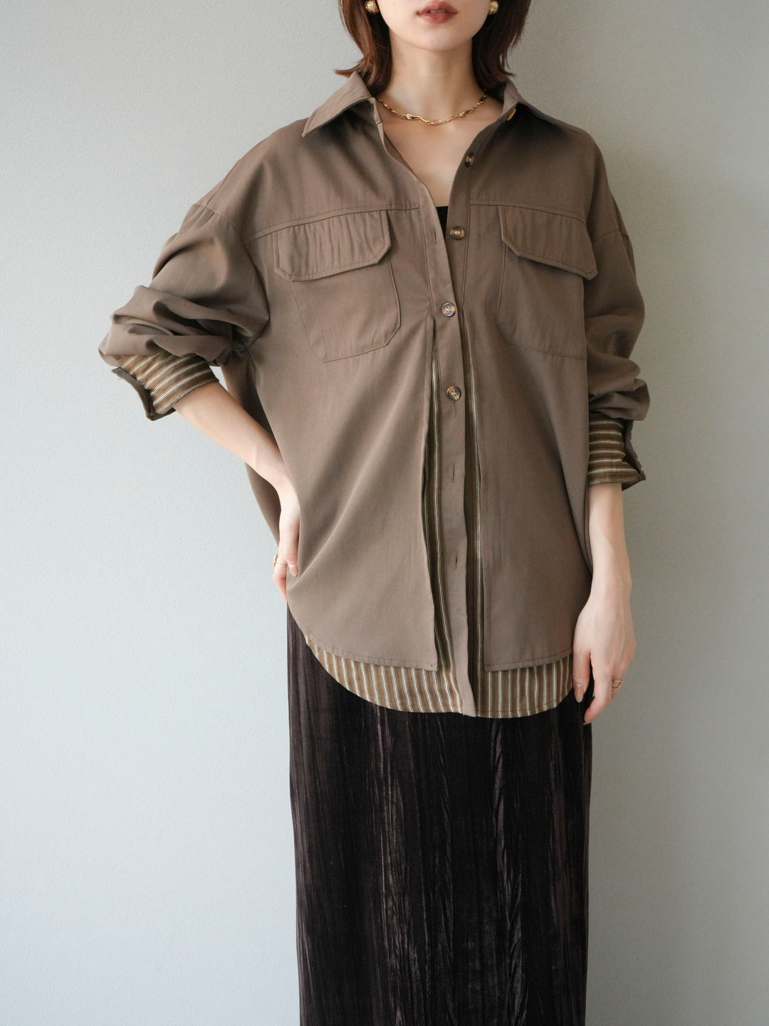 [予約]ストライプレイヤードシャツ/ブラウン