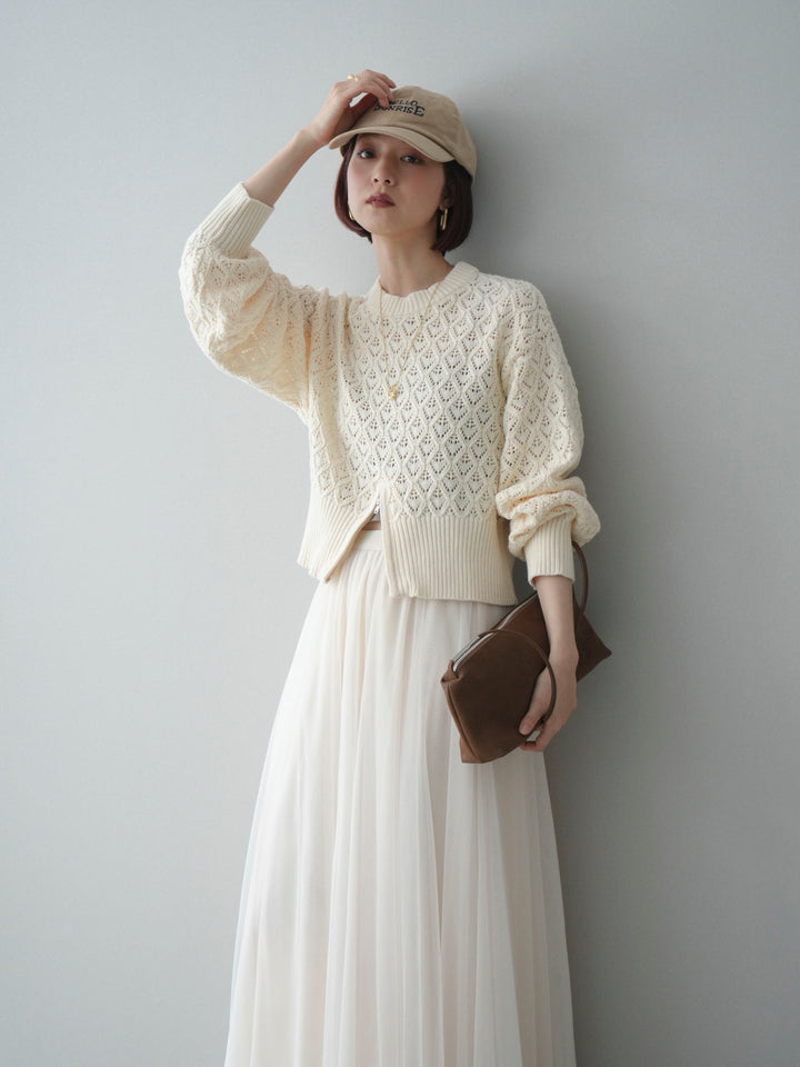 [予約]透かし編みフロントジップスリットニットプルオーバー/ivory