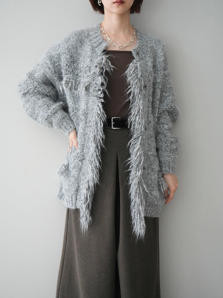 [SET]ミックスヤーンフリンジデザインニットジャケット+ストーンフォークリング(2set)