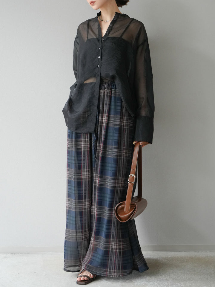 [SET] 亮面透視立領襯衫 + 透視格紋寬鬆褲 (2 件套)