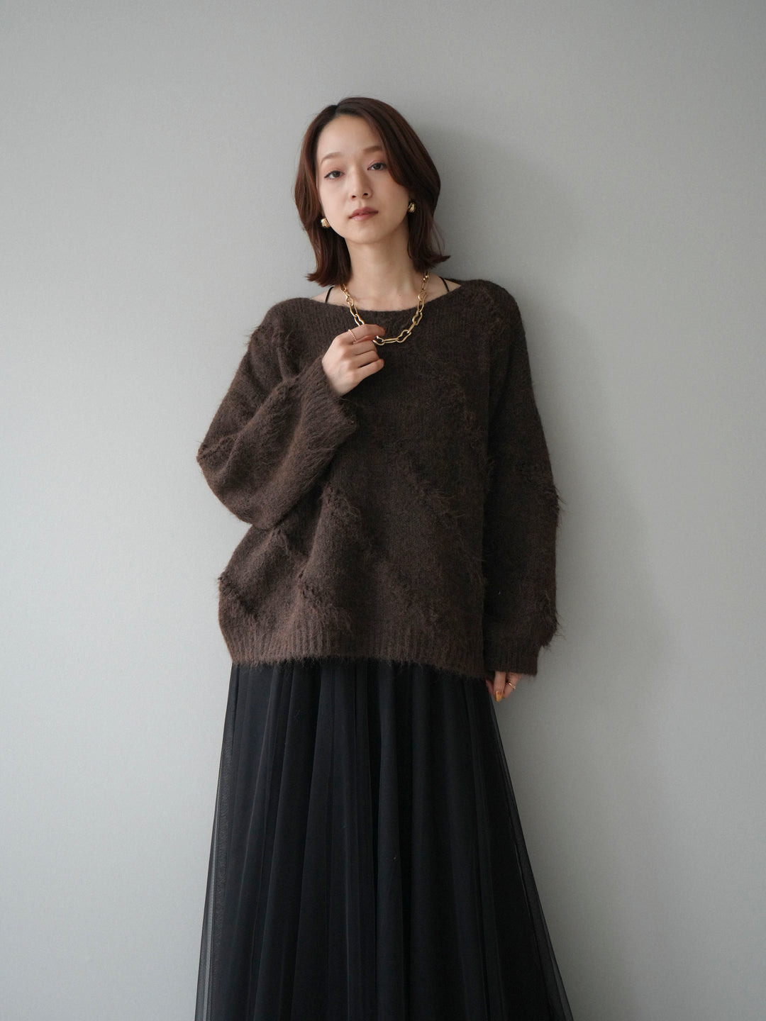 [予約]ブークレラインデザインニットプルオーバー/brown