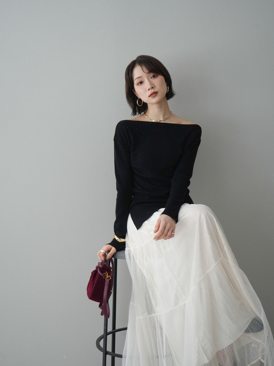 [予約]ラインストーンアシンメトリーニットトップス/black