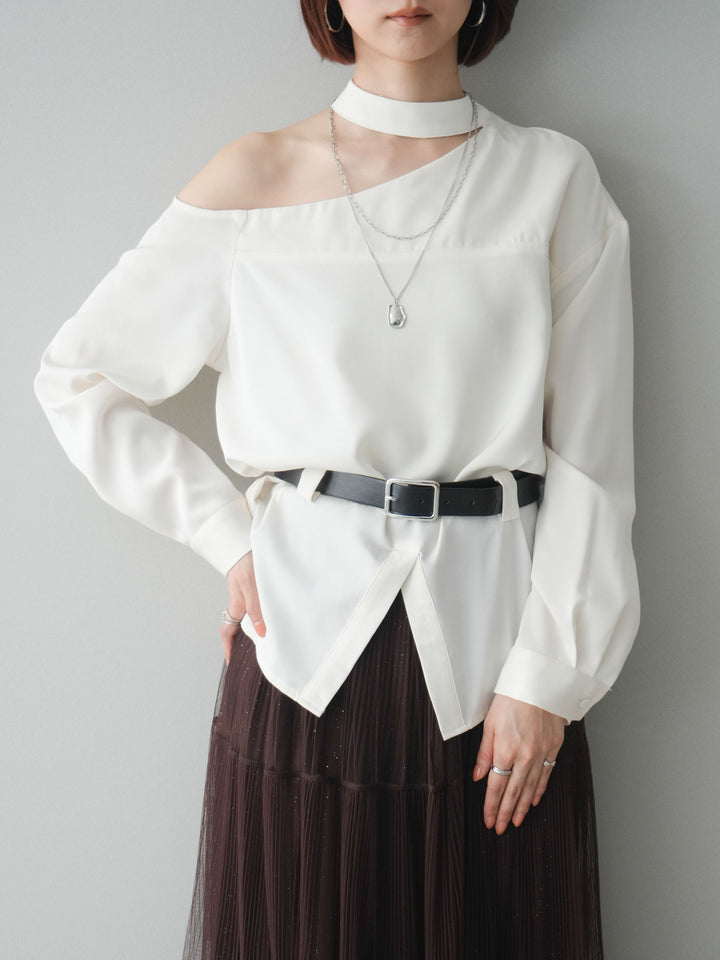 [SET]ベルト付ワンショルダースリットブラウス+ベルト付ワンショルダースリットブラウス(2set)