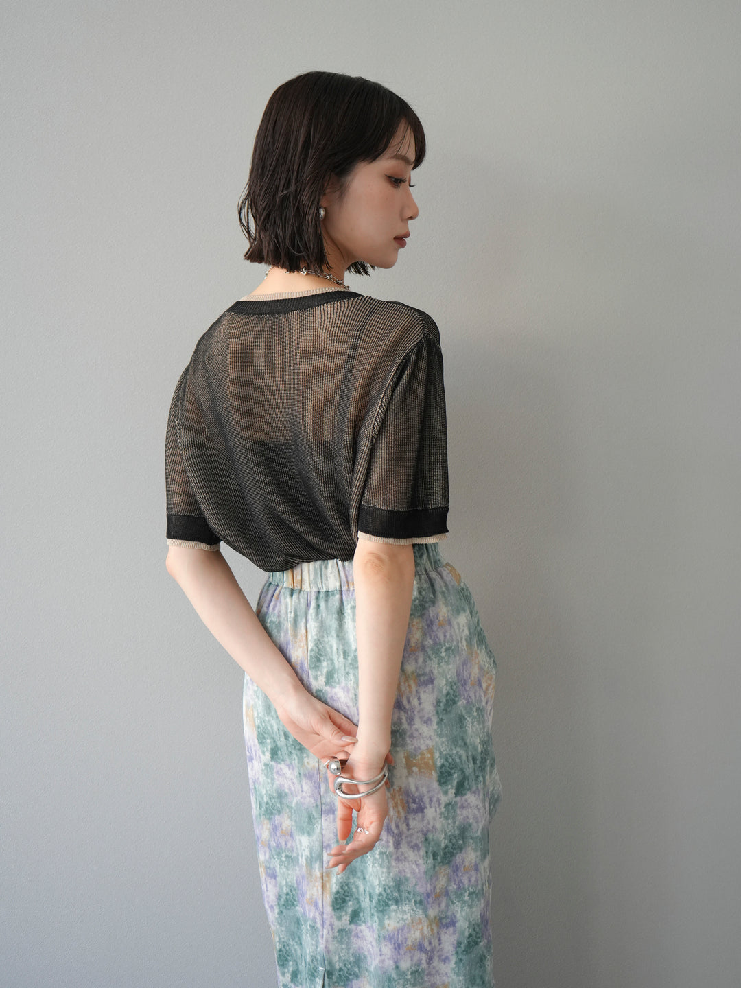 [SET]リネンタッチ配色二重臼ハーフニットトップス+選べるアソート柄スカートセット(2set)