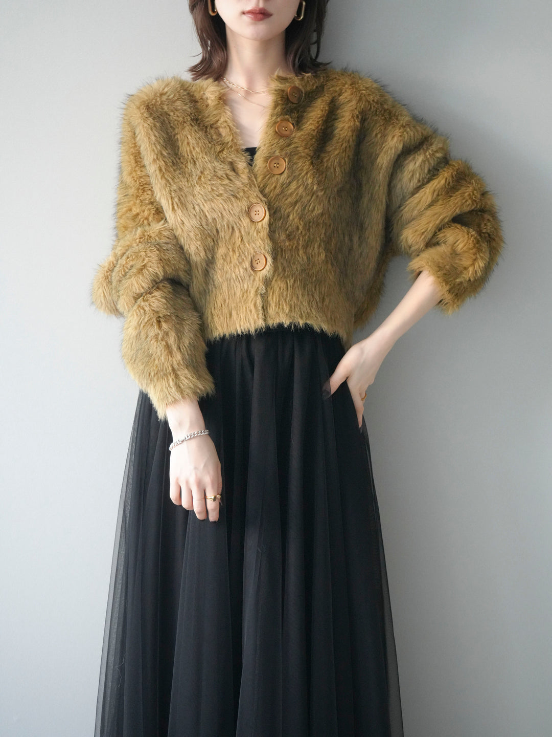 [予約]ミックスシャギーショートニットカーディガン/green