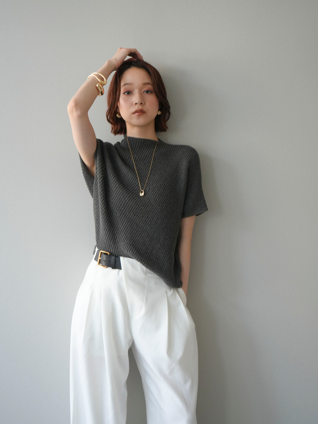 [SET]アシンメトリーローゲージニットトップス+アシンメトリーベルトタックワイドパンツ(2set)