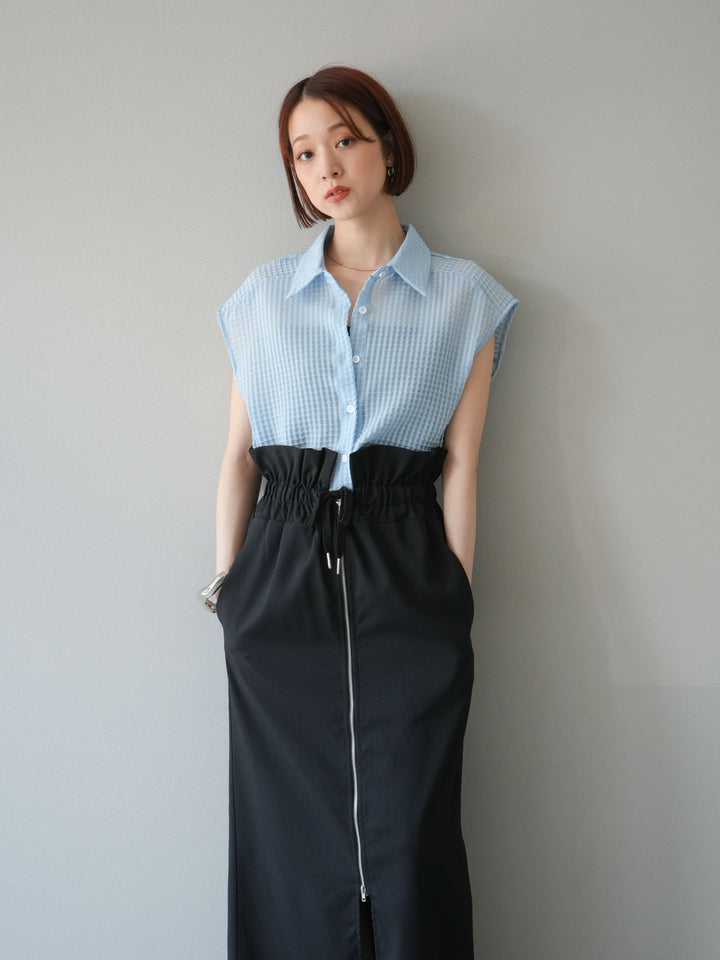 [SET]シアーチェックノースリーブシャツ+ヘザーエステルギャザージップスカート(2set)