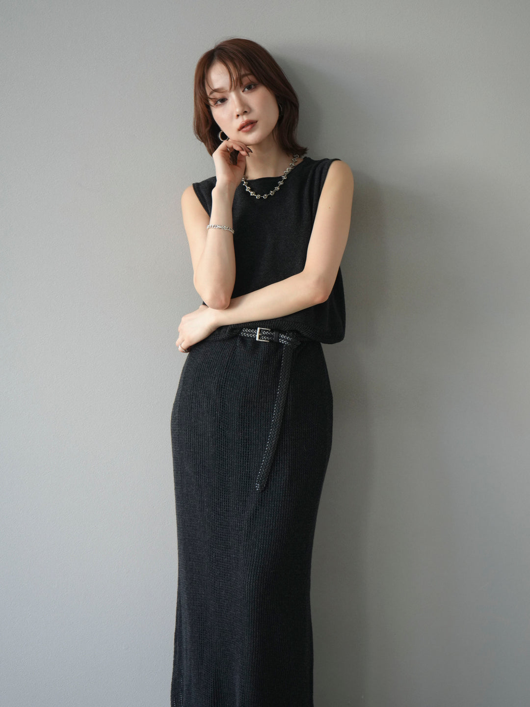 [予約]メッシュ切替ノースリーニットワンピース/darkgray