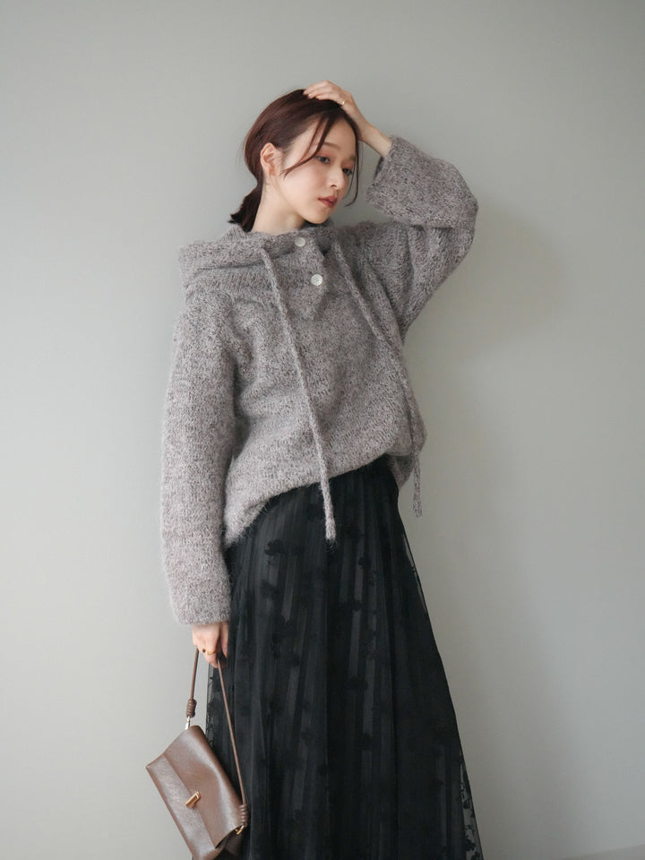 [SET]バラクラバSETニットプルオーバー+フラワーフロッキーチュールプリーツスカート(2set)