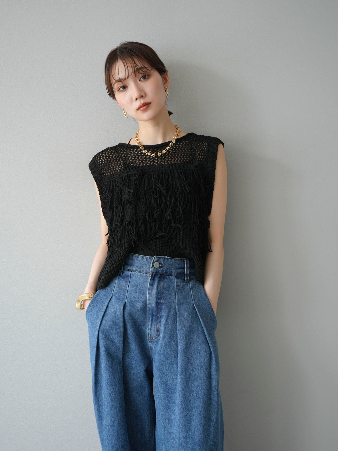 【預購】鏤空流蘇針織上衣/黑色