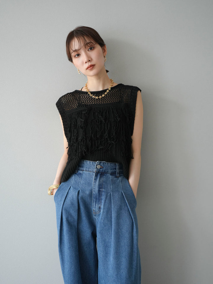 【預購】鏤空流蘇針織上衣/黑色
