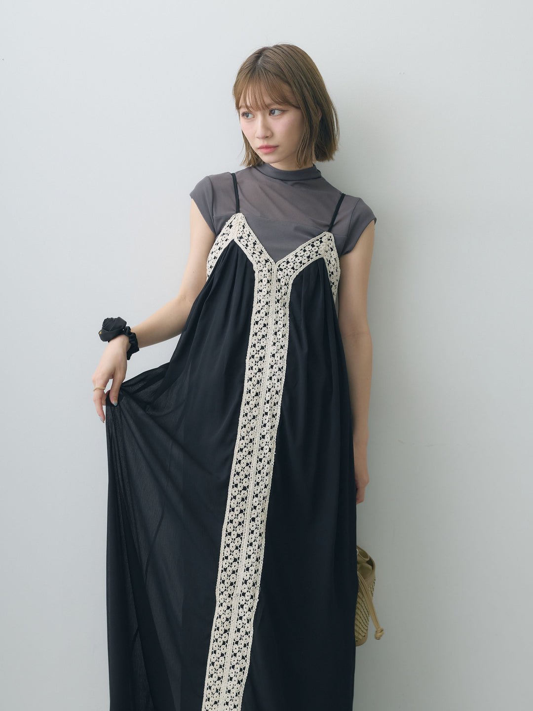 [SET]センタークロシェレースキャミワンピース+シアー切替ストレッチトップス(2set)
