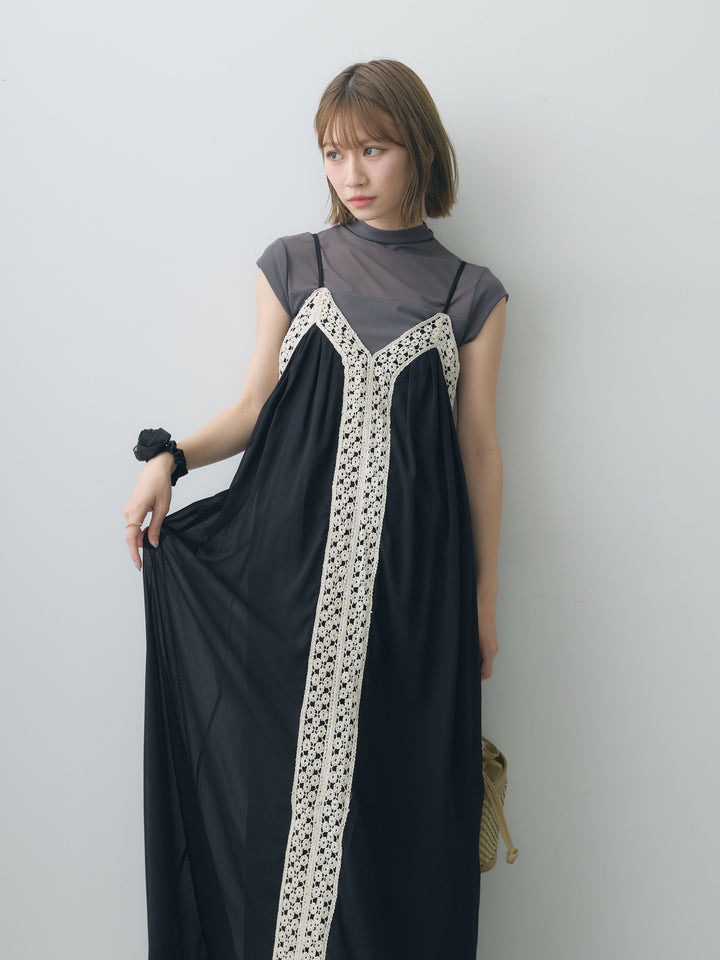 [SET]センタークロシェレースキャミワンピース+シアー切替ストレッチトップス(2set)