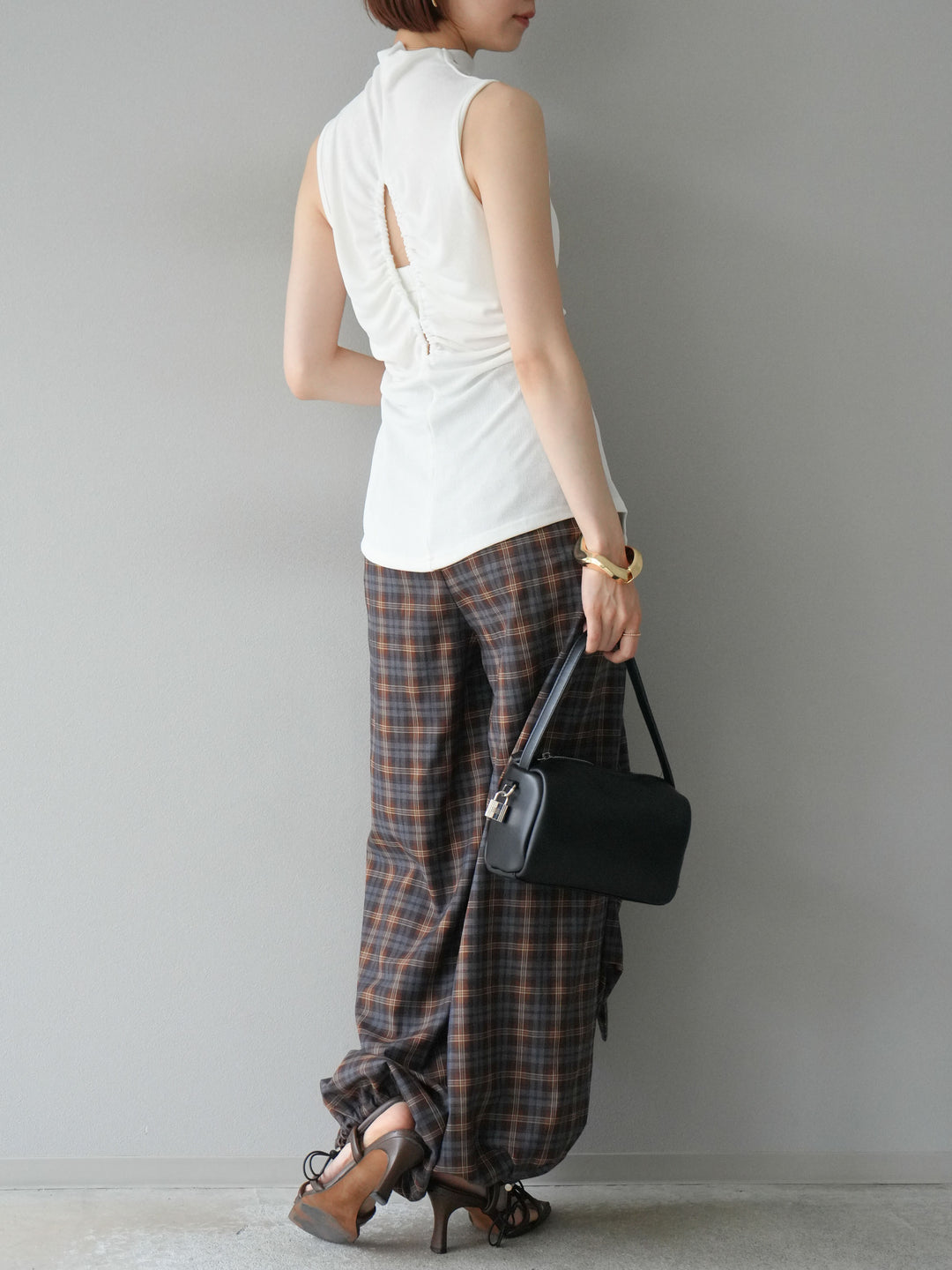 [予約]チェック柄ウエスト巻きドロストパンツ/ブラウン